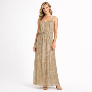 David's Bridal Gold Sequin Spaghetti Strap Maxi Evening Gown Size 8